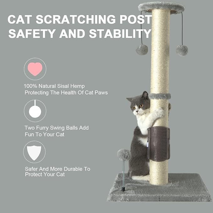 PEEKAB 32" Tall Cat Scratching Post Sisal Scratch Posts with Hanging Ball and Self-Massage Brush Vertical Scratcher for Indoor Cats and Kittens(Light-Gray 32inches) - PAWPICO