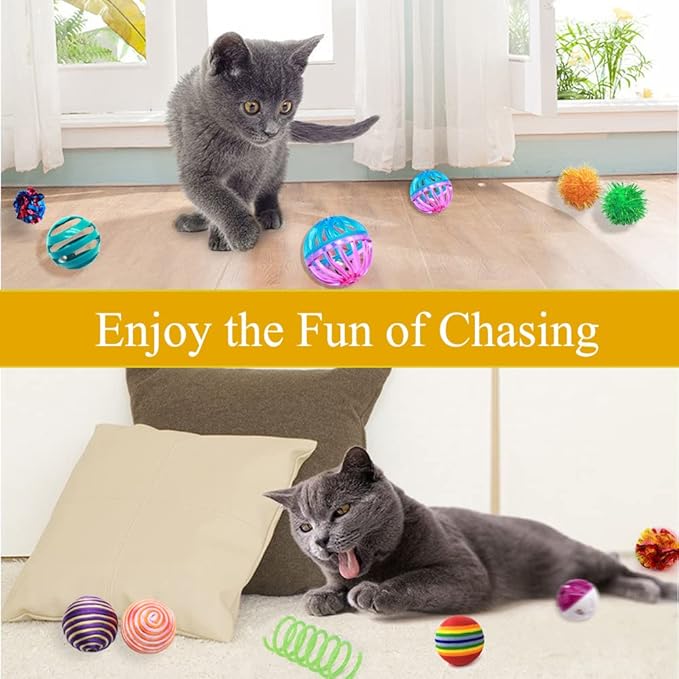 LASOCUHOO Cat Toys, Kitten Cat Ball Toys Assortments, Including Rainbow Ball, Crinkle Ball, Sparkle Ball, Bell Balls, Sisal Ball for All Cats 30 Packs - PAWPICO