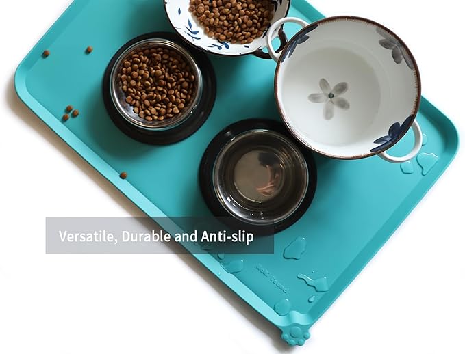 Hoki Found Large Silicone Pet Food Mats Tray - Non Slip Pet Dog Cat Bowl Mats Placemat - Dog Pet Cat Feeding Mat - Waterproof Dog Cat Food Mats -Pet Water Mats for Carpet -Teal - PAWPICO