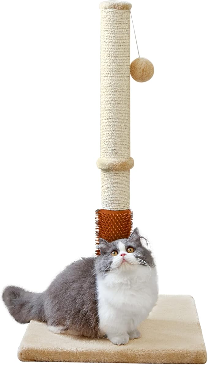 MeowHomm 32" Cat Scratching Post with Self Groomer Cat Brush, Sisal Rope Tall Cat Scratching Post with Soft Hanging Ball for Indoor Cats, Cat Claw Scratcher Covered with Soft Smooth Plush - PAWPICO