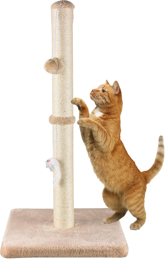 MeowHomm 32” Tall Cat Scratching Posts for Indoor Cats Adults with 2 Hanging Ball, Large Cat Scratch Post Cat Scratcher Includes Sisal Rope(Yellow) - PAWPICO