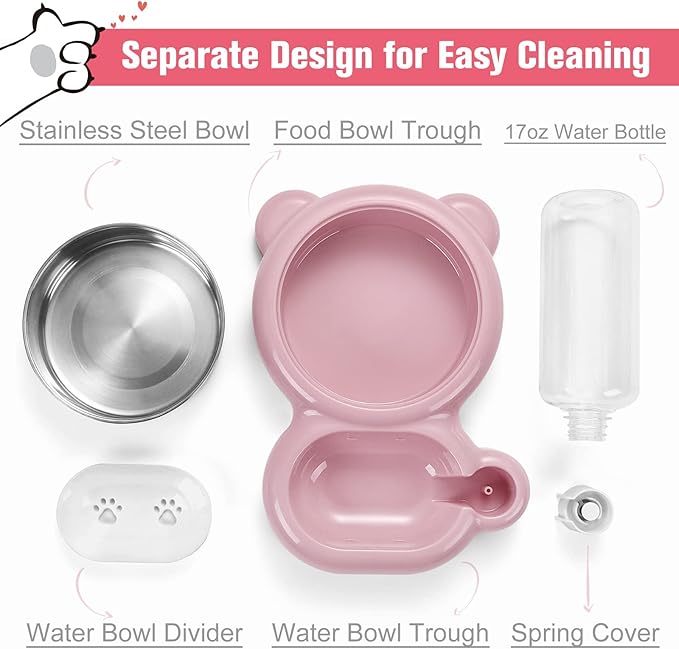 Dog Bowls, Cat Food and Water Bowl Set with Water Dispenser and Stainless Steel Bowl for Cats and Small Dogs - Pink - PAWPICO