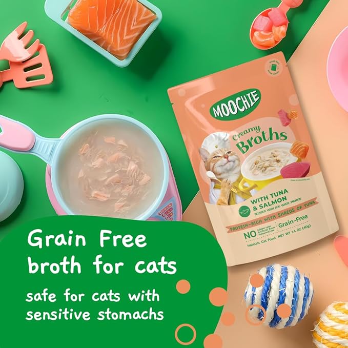 MOOCHIE Grain Free Creamy Broth for Cats - Made with Real Salmon & Tuna - No Artificial Flavors or Preservatives - 16 x 1.4 oz Pouch - PAWPICO