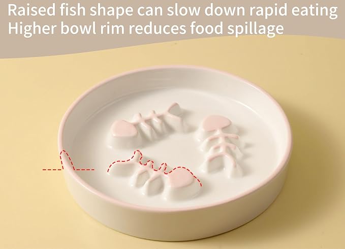 2PCS Ceramic Cat Slow Food Bowl for Wet and Dry Food, Elevated Design, Prevents Vomiting and Obesity, Raised Cat Puzzle Bowl, Stress-Free Slow Food Plate, Backflow Prevention, for Cats and Small Dog - PAWPICO