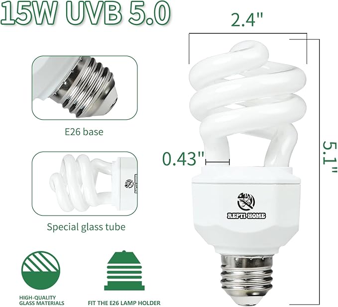 UVA UVB Reptile Light-15W 5.0,Tropical & Sub-Tropical Terrarium Compact Fluorescent Lamp,UVB Reptile Light Bulb for Snake,Chameleons,Iguanas REPTIHOME