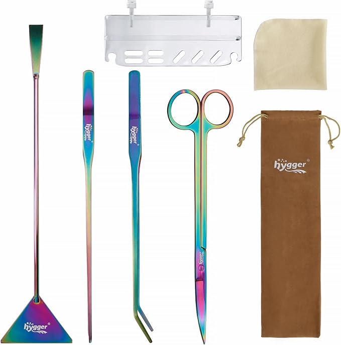 hygger 6-in-1 Long Aquarium Aquascaping Tools Kit, Color Stainless Steel Premium Aquatic Plant Tweezers Scissors Spatula Kit Comes with 1 Tool Holder and 1 Cleaning Cloth, for Fish Tank Starters hygger
