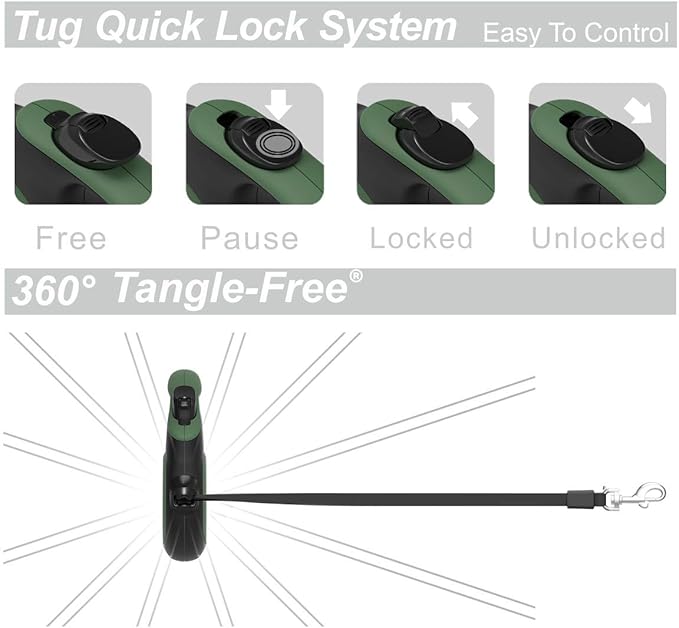 TUG 360° Tangle-Free Retractable Dog Leash with Anti-Slip Handle | 16 ft Strong Nylon Tape | One-Handed Brake, Pause, Lock (Medium, Green) TUG