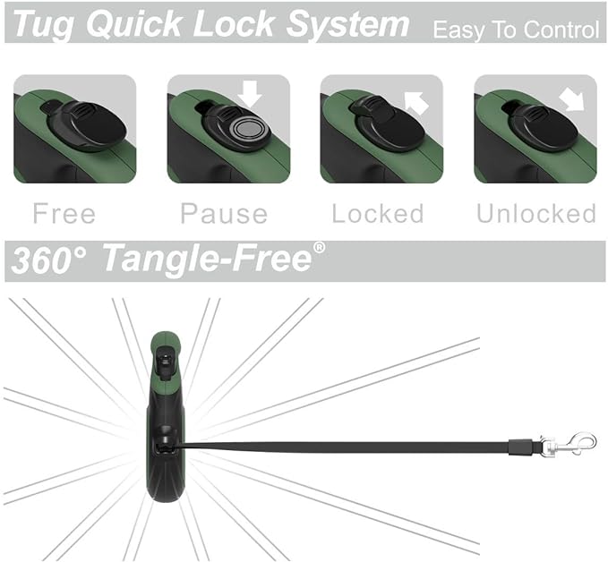TUG 360° Tangle-Free Retractable Dog Leash with Anti-Slip Handle | 16 ft Strong Nylon Tape | One-Handed Brake, Pause, Lock (Large, Green) TUG