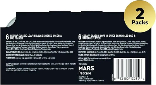 CESAR Soft Wet Dog Food Classic Loaf in Sauce Breakfast Variety Pack, (12) 3.5 oz. Easy Peel Trays, Pack of 2 - PAWPICO