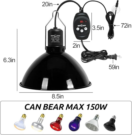 REPTIZOO Reptile Light Fixture with Dimming Thermostat, 8.5 Inch Deep Dome Lamp Fixture with Reptile Heat Lamp Bulb Temperature Controller Reptile Dimming Thermostat Max 150W REPTIZOO