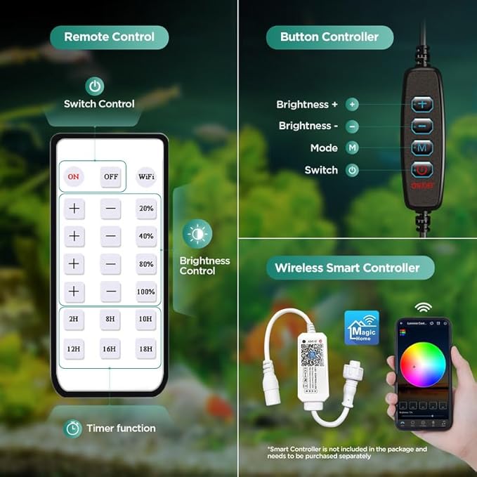 Lominie LED Aquarium Light, Planted Tank Light 4 Channels Remote Control 6500K Aquarium LED Lamp for Freshwater Fish Tank Refugium with Gooseneck (A20 18W Freshwater) Lominie
