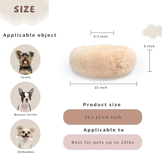 Light Brown Dog Bed Washable,Fluffy Dog Beds for Small Dogs 15 inches Donut Soft Small Pet Bed,Calming Anti Anxiety Round Fits up to 5 lbs Warm Comfort Pets Beds for Puppy Dogs Indoor - PAWPICO