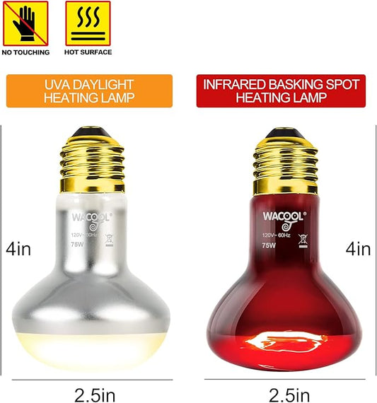 WACOOL 2Pack 75W Reptile Heat Lamp Day & Night Kit, Nature Simulated Basking Daylight & Nightlight Heat Lamp Bulbs for Reptiles & Amphibians, UVA Heat Lamp for Bearded Dragon Gecko Turtle Lizard WACOOLTERRA