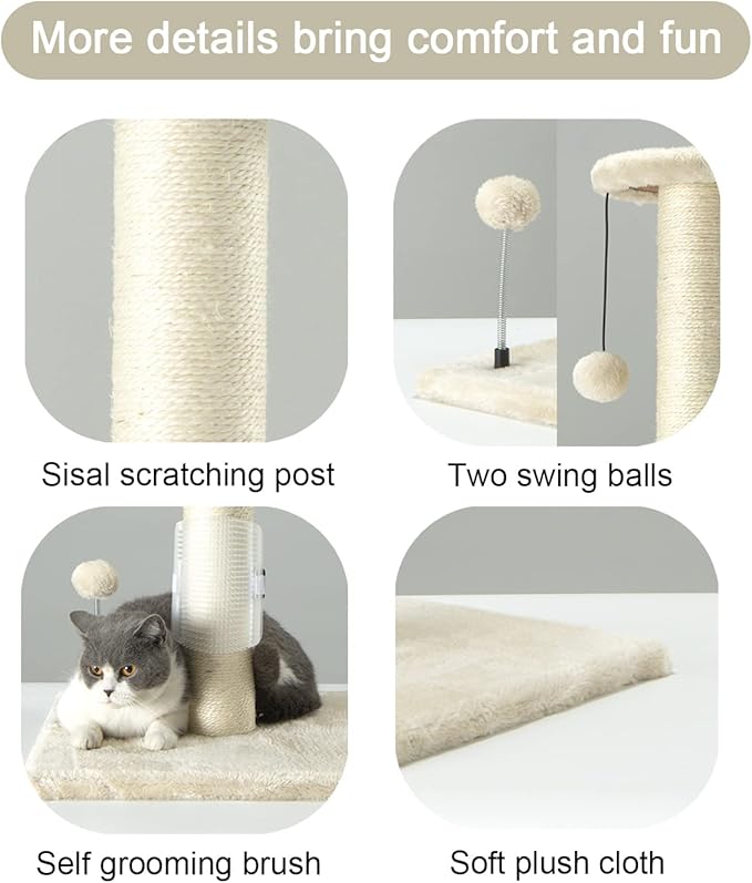 PEEKAB 32" Tall Cat Scratching Post Sisal Rope Scratch Posts with Hanging Ball and Self-Massage Brush Vertical Scratcher for Indoor Cats and Kittens(Beige 32inches) - PAWPICO