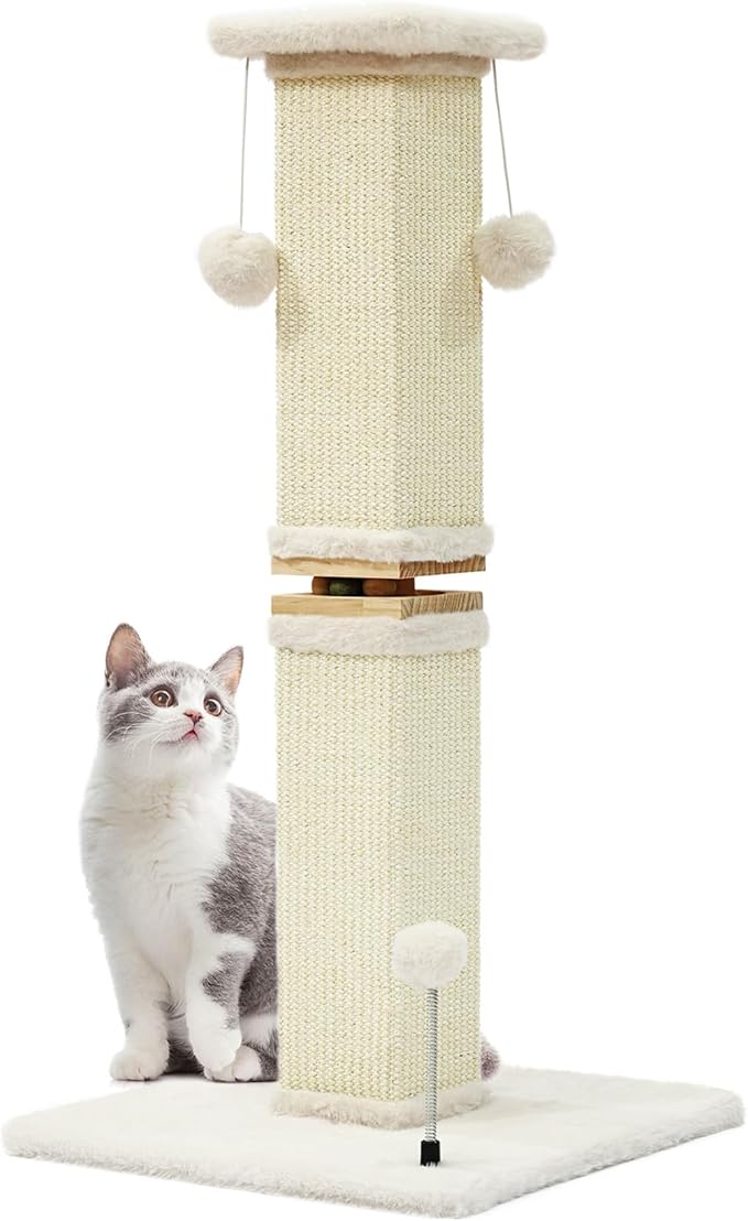 OTOB Cat Scratching Post 33 Inch, Nature Sisal Scratching Posts for Indoor Cats Adults Kitten, 6-in-1 Interactive Turntable Cat Scratch Post Protect Your Furniture, Large Cat Scratcher, Beige - PAWPICO