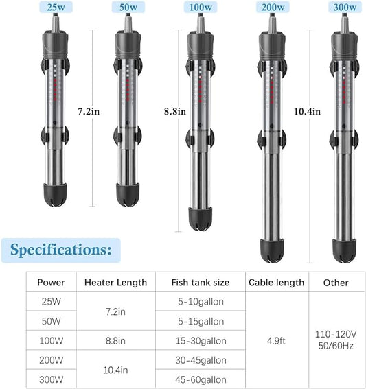 HITOP 25W 50W 100W 200W 300W Adjustable Aquarium Heater, Submersible Fish Tank Heater Thermostat with Suction Cups (100W-grey) HITOP-FocusonAquarium