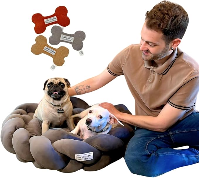 Tater's Choice 32" Dog Bed - Premium Braided Dog Bed with 3 Pack of Plush Bones - Luxurious and Durable Pet Beds with Plush Polyester Filling, Non-Slip Base, Washable Mattress, Charcoal Grey, Medium - PAWPICO