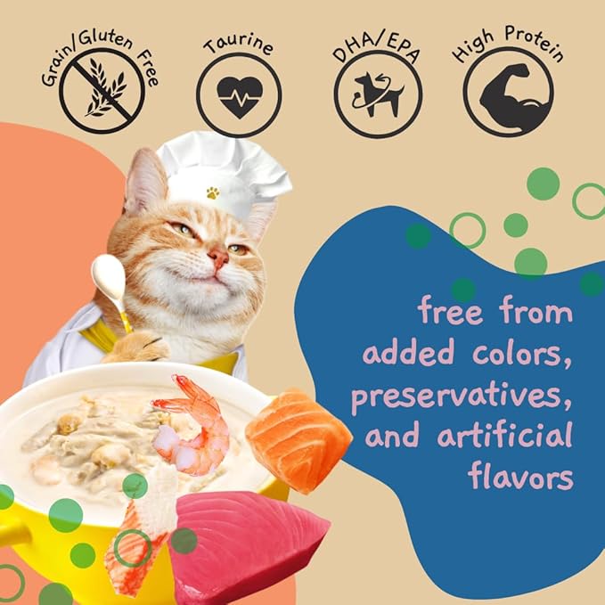 MOOCHIE Grain Free Creamy Seafood Multipack Cat Broth - Real Salmon, Shrimp, Kanikama - No Artificial Flavors or Preservatives - 16 x 1.4 oz Pouch - PAWPICO