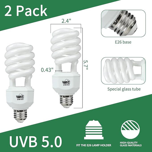 LUCKY HERP 2 Pack UVA UVB Reptile Light, 23W 5.0 UVB Bulb for Tropical and Sub Tropical Reptiles, Compact Fluorescent Terrarium Lamp, Reptile UVB Bulb for Chameleons, Lizard, Turtle LUCKYHERP
