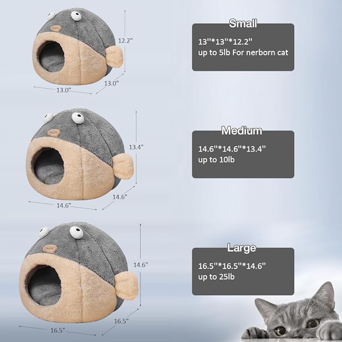 Cat Beds for Indoor Cats - Cat Bed Cave with Removable Washable Cushioned Pillow, Soft Plush Premium Cotton No Deformation Pet Bed, Lively Pufferfish Cat House Design, Grey, Multiple Sizes(S) - PAWPICO