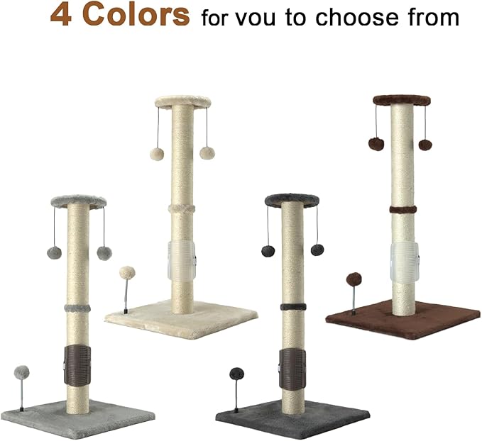 PEEKAB 32" Tall Cat Scratching Post Sisal Rope Scratch Posts with Hanging Ball and Self-Massage Brush Vertical Scratcher for Indoor Cats and Kittens(Brown 32inches) - PAWPICO
