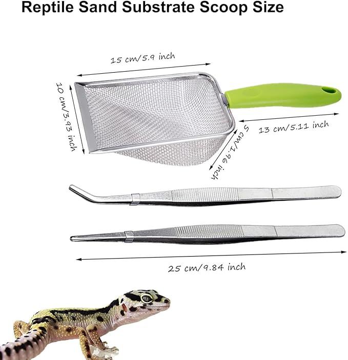 Reptile Sand Substrate Scoop Reptile Sand Fine Mesh Reptile Scooper Stainless Steel Terrarium Substrate Sand Bedding Litter Cleaner Scoop and Reptile Long Feeding Tongs Set (Green & black-2mm) WoYous