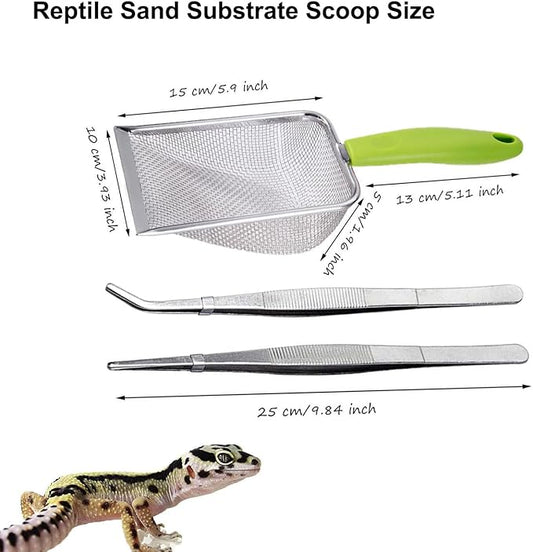 Reptile Sand Substrate Scoop Reptile Sand Fine Mesh Reptile Scooper Stainless Steel Terrarium Substrate Sand Bedding Litter Cleaner Scoop and Reptile Long Feeding Tongs Set (Green & black-2mm) WoYous