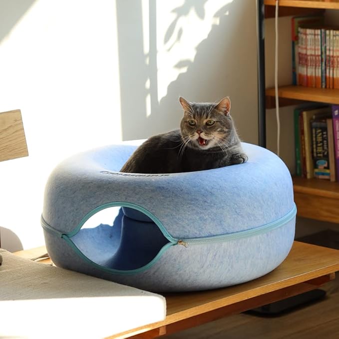 CATTASAURUS Peekaboo Cat Cave for Multiple & Large Cats Up to 30-45 Lbs, Scratch Detachable & Washable Tunnel Bed, Comfy Donut Cat Cave (Blue, Large) - PAWPICO