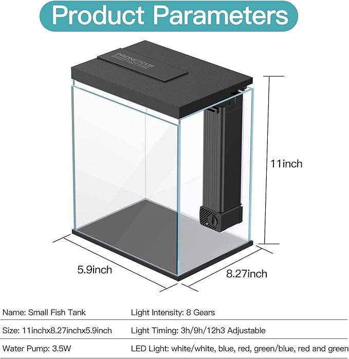 Betta Fish Tank, 2 Gallon Glass Aquarium Starter Kit, Small Fish Tank with Filter and Light.(Black) Pronetcus