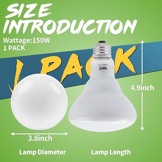 LUCKY HERP Heat Lamp Bulbs - 150W Reptile Heat Lamp 1 Pack, Daylight Basking Heat Lamp Bulbs for Reptile, UVA Heat Light Bulb for Reptiles, Amphibians, Bearded Dragons, Lizards, Turtles, Chickens LUCKYHERP