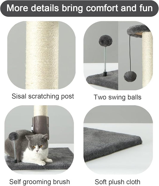 PEEKAB 32" Tall Cat Scratching Post Sisal Scratch Posts with Hanging Ball and Self-Massage Brush Vertical Scratcher for Indoor Cats and Kittens(Gray 32inches) - PAWPICO