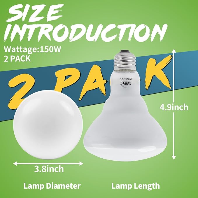 LUCKY HERP Heat Lamp Bulbs - 150W Reptile Heat Lamp 2 Pack, Daylight Basking Heat Lamp Bulbs for Reptile, UVA Heat Light Bulb for Reptiles, Amphibians, Bearded Dragons, Lizards, Turtles, Chickens LUCKYHERP