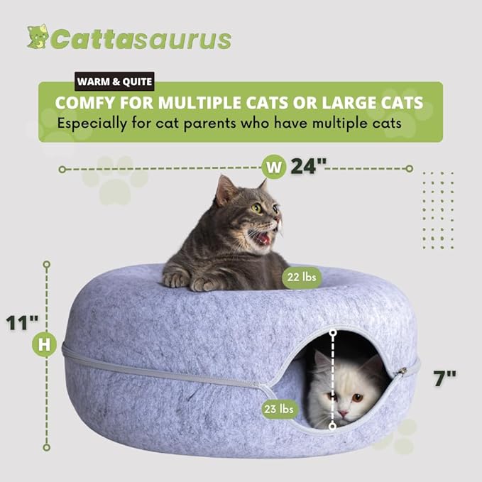 CATTASAURUS Peekaboo Cat Cave for Multiple & Large Cats Up to 30-45 Lbs, Scratch Detachable & Washable Tunnel Bed, Comfy Donut Cat Cave (Ligt Gray + Light Gray, Large (Bundle)) - PAWPICO