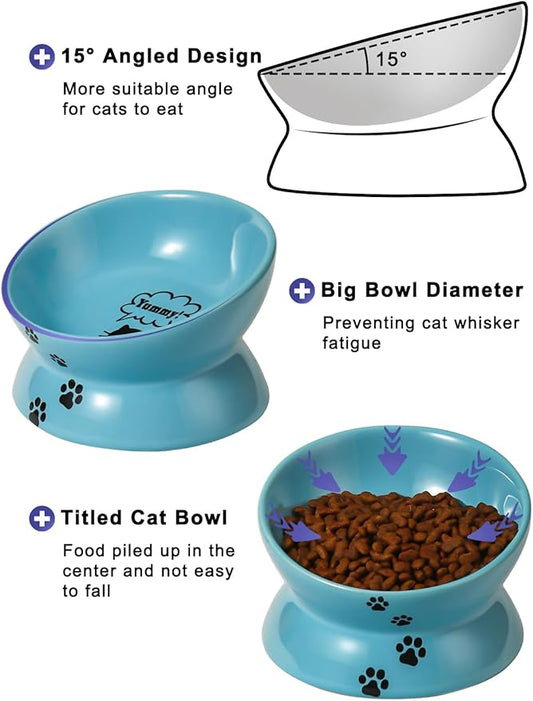 Y YHY Elevated Cat Food Bowl, Ceramic Raised Cat Bowl, Tilt Angle Protect Cat's Spine, Anti Vomiting Cat Dish, Backflow Prevention, Lake Blue - PAWPICO
