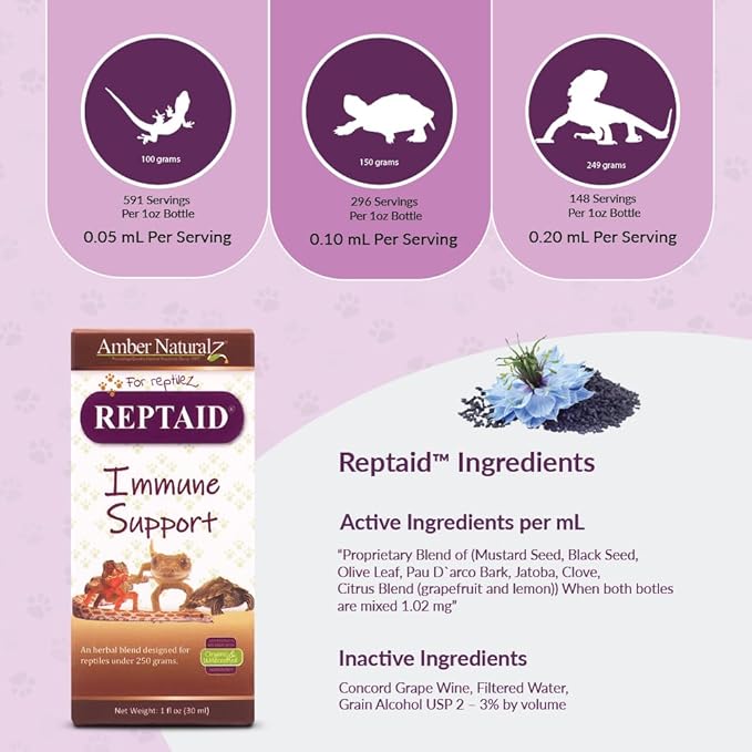 AMBER NATURALZ Reptaid Herbal Supplement for Small Reptiles | Herbal Pet Supplement for Immune Support | for Reptiles Under 250g | 1 Fluid Ounce Glass Bottle | Manufactured in The USA AmberNaturalZ