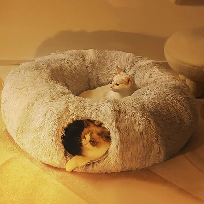 Cat Tunnel Bed for Indoor Cats Donut Cat Tunnel Multifunctional Cat Bed with Peephole Cat Cave Tunnel Bed with Tunnel for Multi Cats(Grey) - PAWPICO