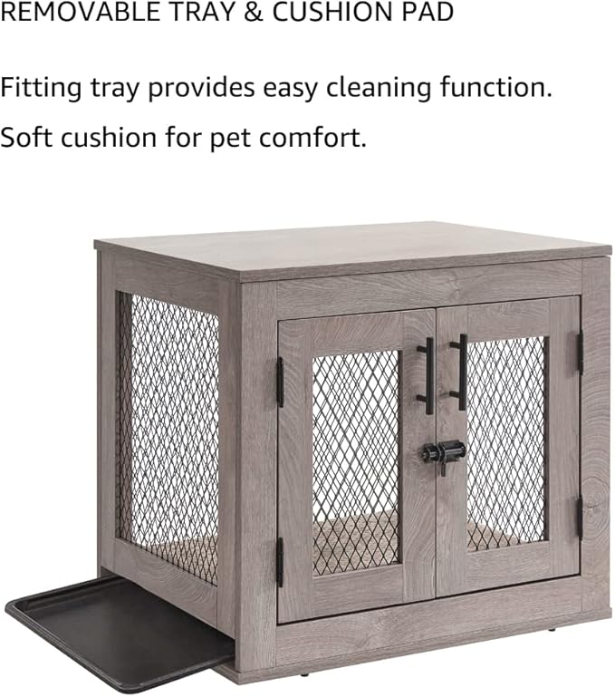 unipaws Dog Crate Furniture, Wooden Dog Kennel for Small Breed, Indoor Decorative Wood Dog Cage, Inside Side End Table Crate with Tray and Dog Bed for Puppy, Cats, Min Pigs, Rabbit, Up to 25 lbs - PAWPICO