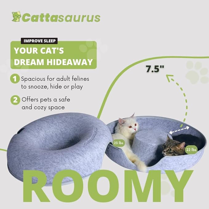 CATTASAURUS Peekaboo Cat Cave for Multiple & Large Cats Up to 30-45 Lbs, Scratch Detachable & Washable Tunnel Bed, Comfy Donut Cat Cave (Ligt Gray + Light Gray, Large (Bundle)) - PAWPICO