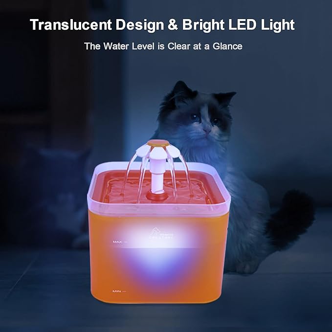 Cat Water Fountain, 67oz/2L Automatic Cat Drinking Fountain, Pet Water Fountain with LED Light and Filter for Cats and Small Dogs (Orange) - PAWPICO