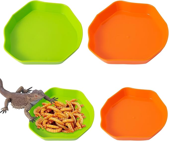 4 Pack Reptile Food Dish Bowl, Plastic Worm Water Dish Plate for Lizard Gecko Bearded Dragon Chameleon, Green and Orange, 2 Sizes COMSUN