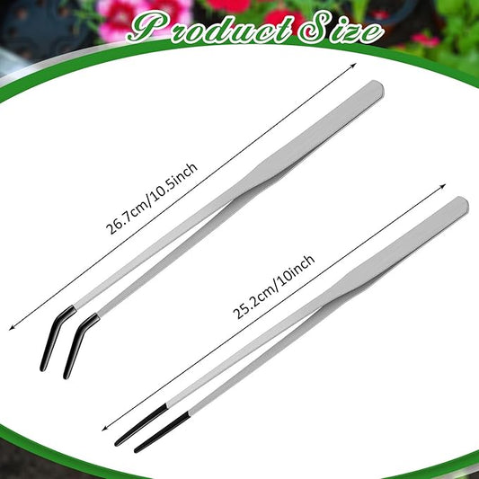 Lasnten 2 Pcs Extra Long Stainless Steel Reptile Feeding Tongs with Rubber Tip Bearded Dragon Aquarium Straight and Curved Long Tweezer Terrarium Feeder Tool for Tank(Silver, 10 Inch, 10.5 Inch) Lasnten