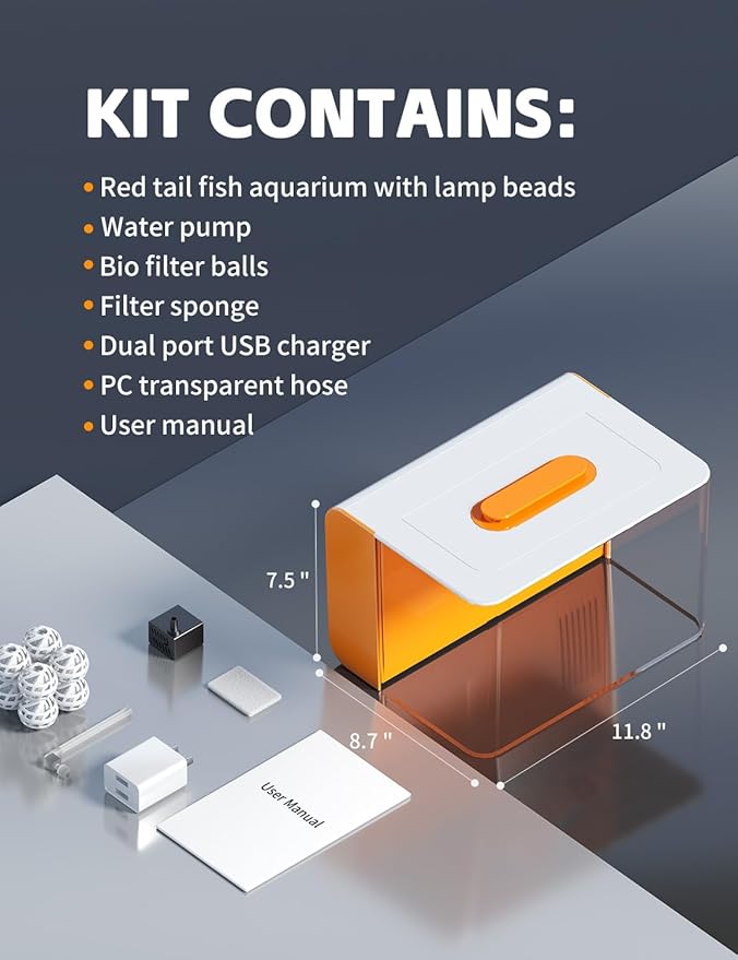 Betta Small Fish Tank Kit, 2.5 Gallon Self Cleaning Aquarium with Filter, Silent Pump, Light, Oxygenation, All in One Starter Fish Tank for Goldfish, Guppy, Shrimp, Desktop, Acrylic REDTAILFISH