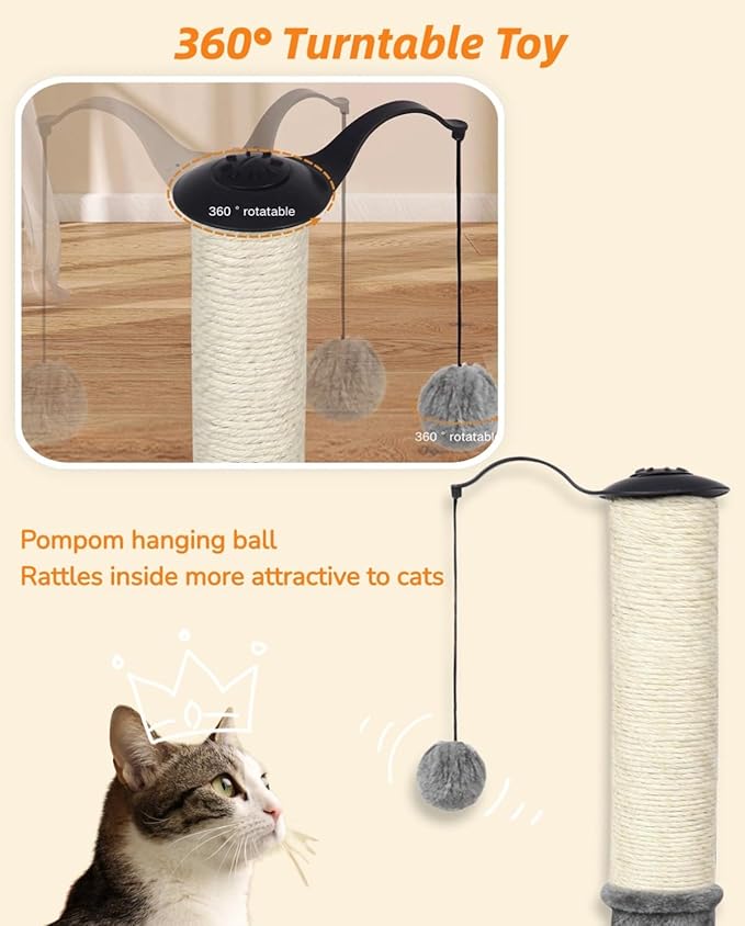 Happi N Pets 22" Cat Scratching Post, Natural Sisal Scratchers Trees for Indoor Cats, Featuring with Rotatable Hanging Balls & Stable Base, Cat Scratch Posts for Kittens-Light Gray - PAWPICO