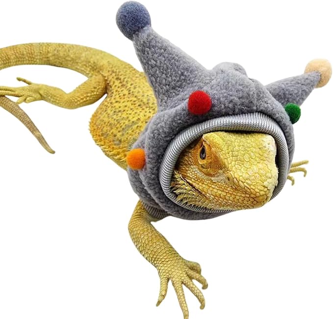 Bearded Dragon Hat - Winter Warm Lizard Cap with Horns & Pom Pom Ball Fun Halloween Outfit Bull Costume Elastic Headwear Accessories Anxiety Relief Ear Muffs for Reptile Fancy Rat Ferret (Grey) SEZDEKI