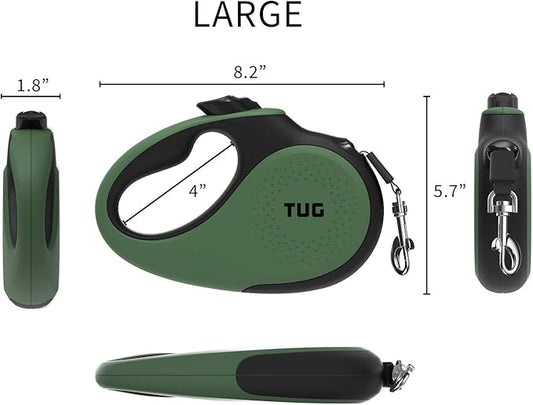 TUG 360° Tangle-Free Retractable Dog Leash with Anti-Slip Handle | 16 ft Strong Nylon Tape | One-Handed Brake, Pause, Lock (Large, Green) TUG