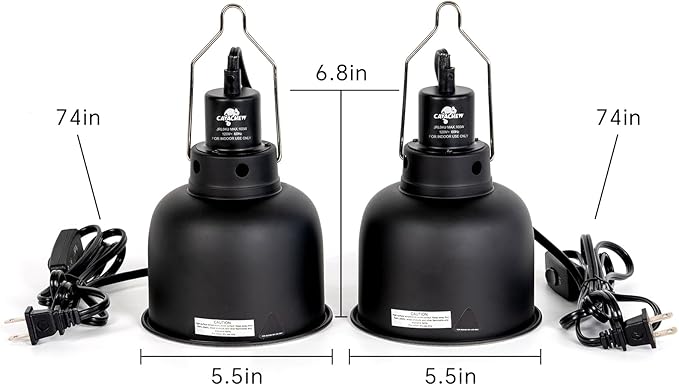 2 Pack Reptile Light Fixture, 5.5in Deep Dome Reptile Lamp Fixture, Optical Reflection Cover, Separate Switche & Hook, Terrarium Light Fixture for Reptile Heat Basking UVB Bulbs, 100W, Black CAVACHEWReptileSupplies