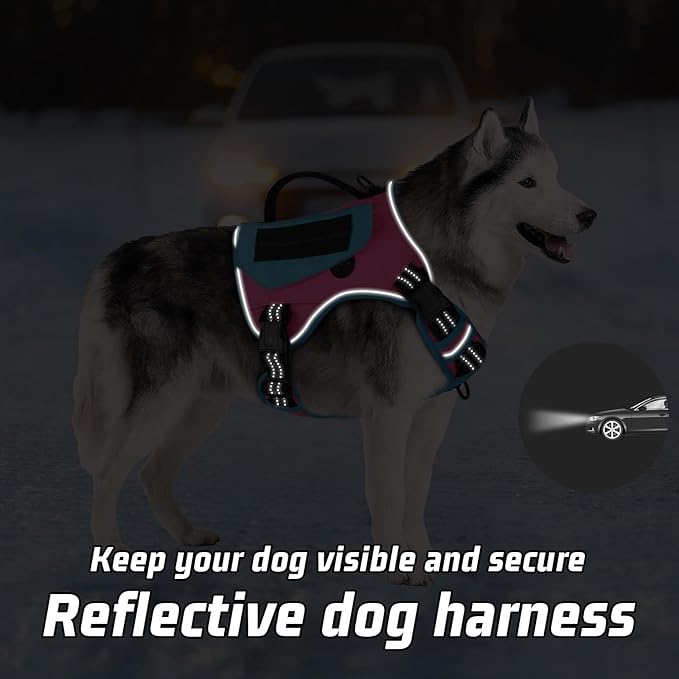 WINGOIN Tactical Dog Harness for Large Dogs, No Pull Harness with Handle Pockets Poop Bag, Reflective Dog Vest, Military Service Heavy Duty Big Dog Harness for Walking Hiking Training, Pink Blue, L WINGOIN