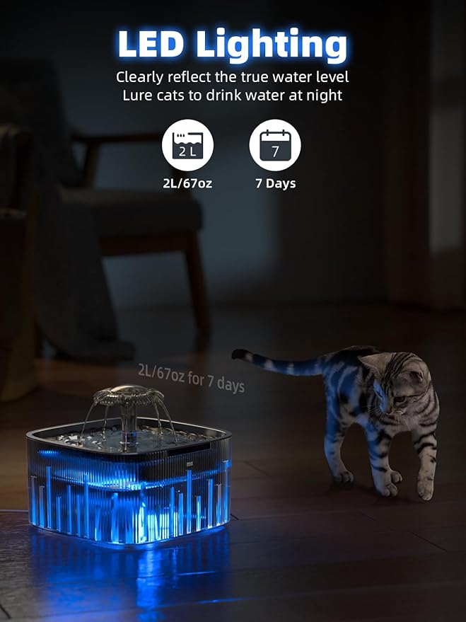 Cat Water Fountain: 75oz/2.2L Automatic Pet Water Dispenser for Cats with 304 Stainless Steel Water Tray, Musical Wave Design with LED Indicator Pet Water Fountain for Cats Inside - PAWPICO