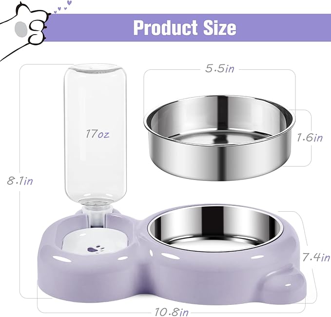 Dog Bowls, Cat Food and Water Bowl Set with Water Dispenser and Stainless Steel Bowl for Cats and Small Dogs - Purple - PAWPICO