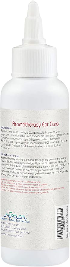 Arava Natural Dog Ear Infection Treatment -First Aid in Acute & Chronic Inflammations - Anti Itch Effective Ear Cleaner - Pet Otic Aromatherapy Ear Care Solution Arava-DeadSeaPetSpa